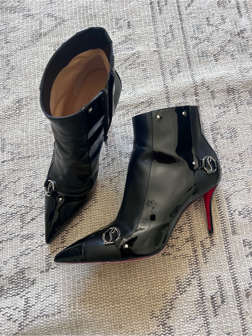 Christian Louboutin Black Patent Leather Pointed Toe Ankle Boots with Red Soles